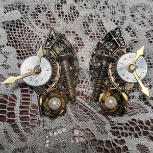 Vintage Steampunk Gear Earrings with Pearl Accents